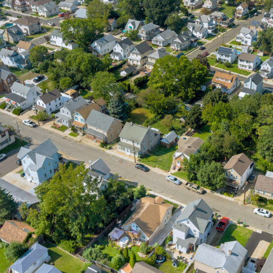 Aerial view of a neighborhood of houses